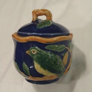 Henriksen Navy blue majolica jam sugar pot bird branches hand painted stoneware